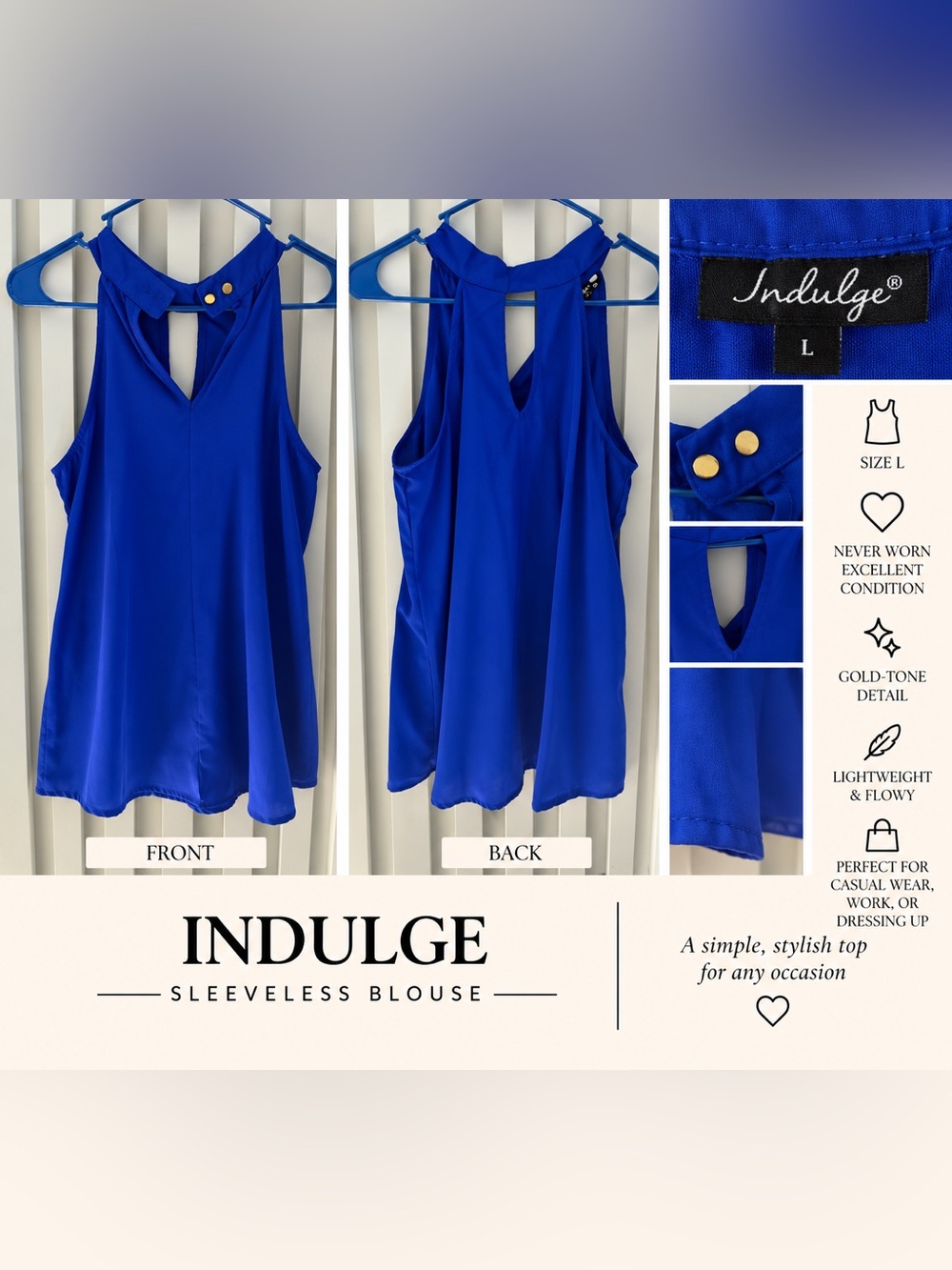 indulge Royal Blue Sleeveless Keyhole Blouse with Gold Buttons